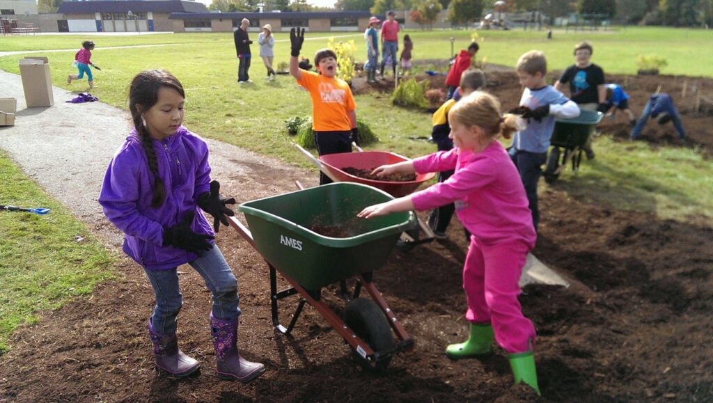 Kids and Wheelbarrel at a Thurston Nature Center Work Day